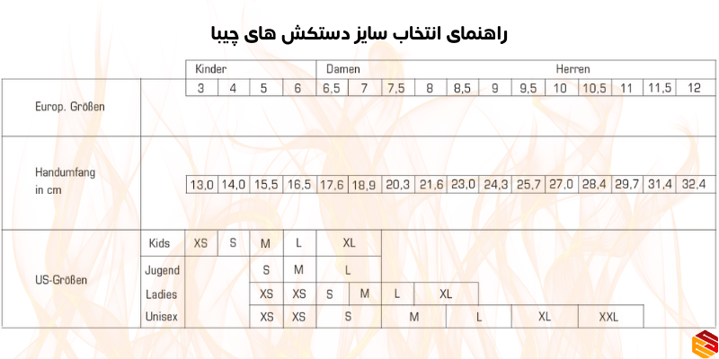 راهنمای سایز دستکش چیبا