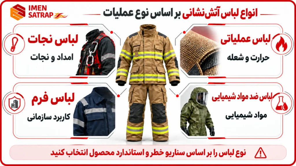 Alt: انواع لباس آتش نشانی بر اساس نوع عملیات و خطر 